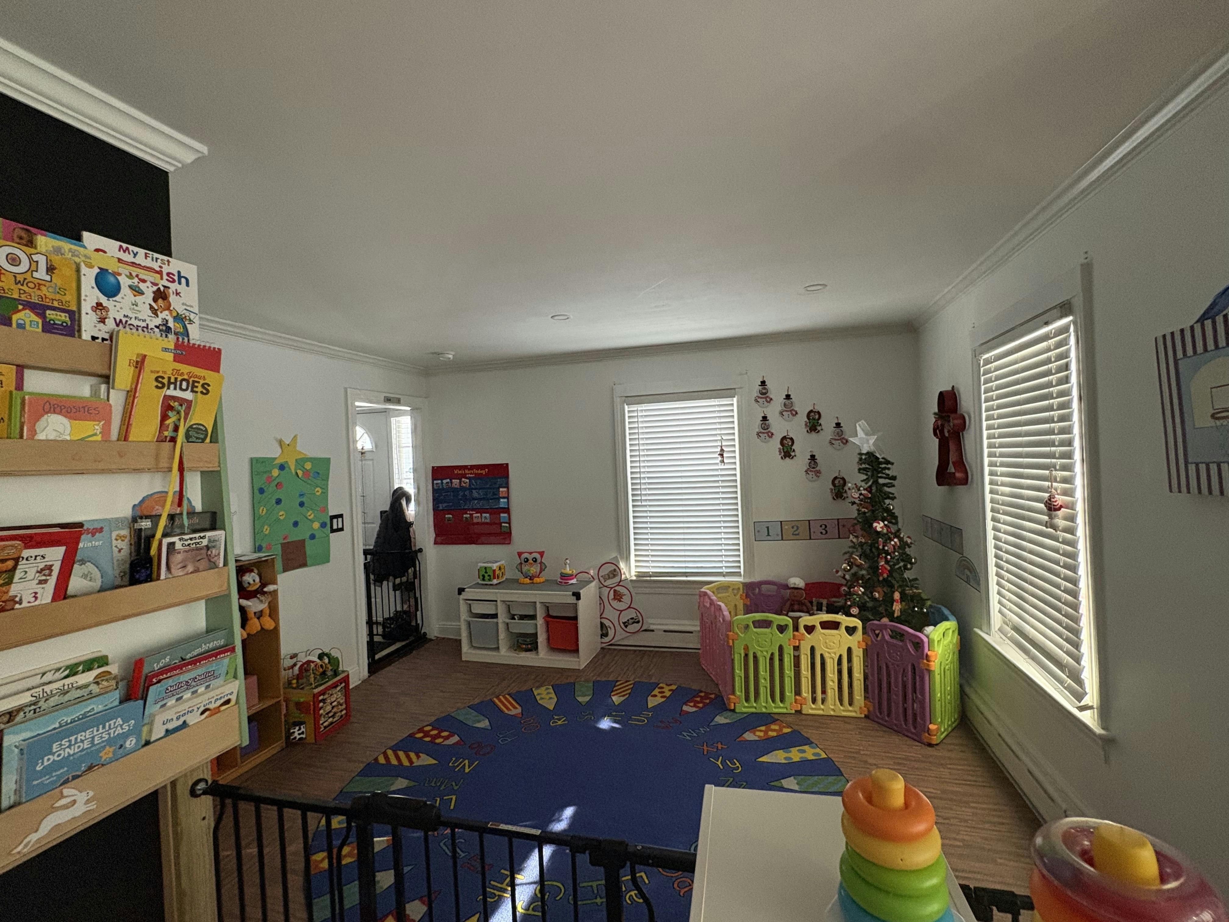Playroom with a blue rug, colorful playpen, and bookshelves