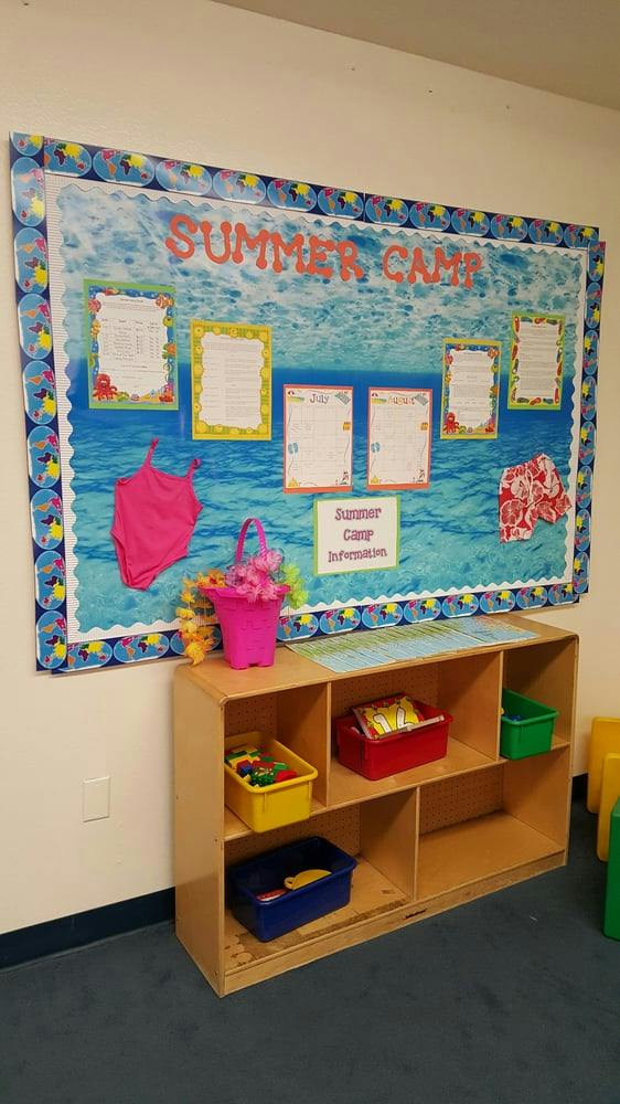 Summer Camp bulletin board with swimsuit and information sheets
