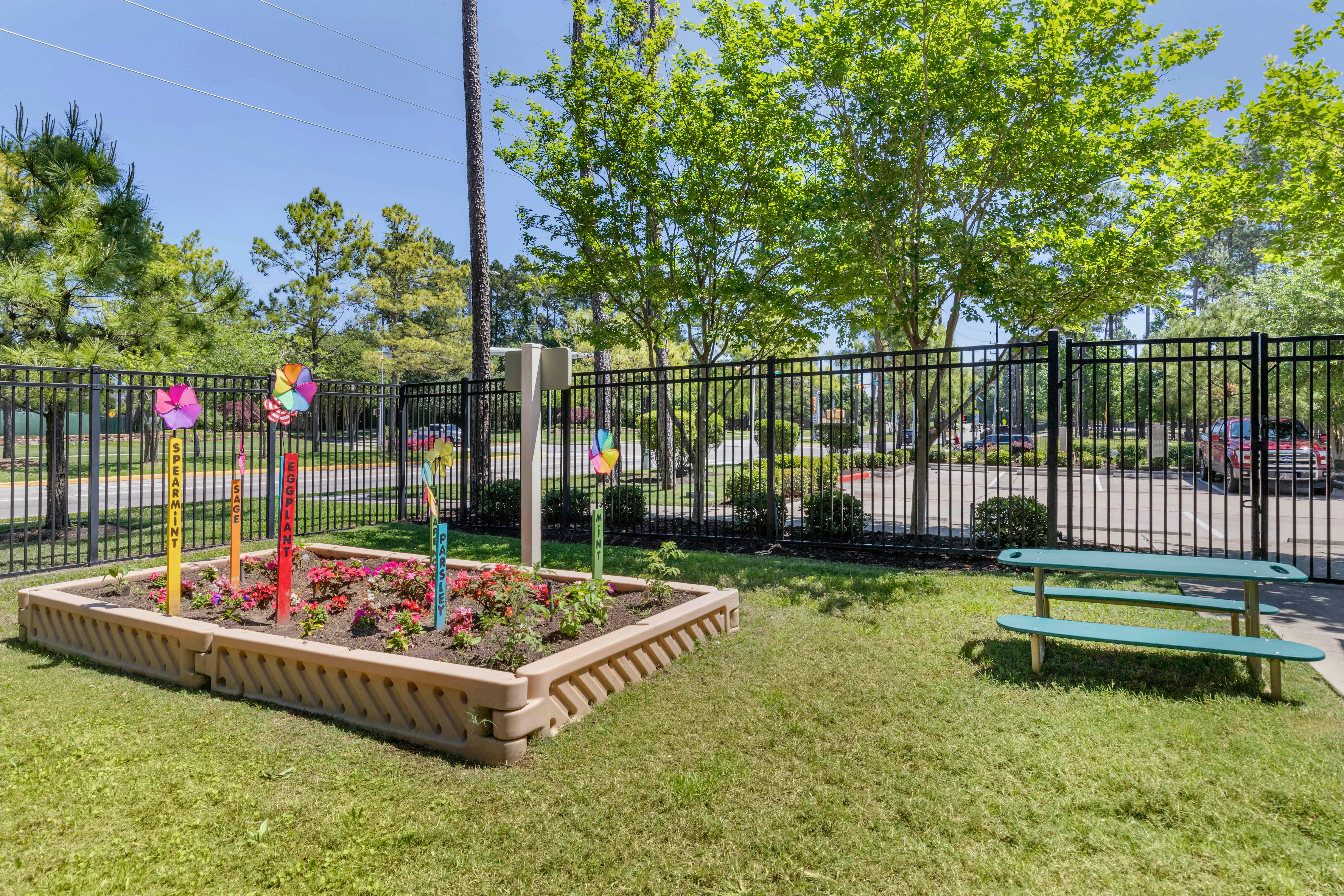 Raised garden bed with various plants and markers with text, next to a picnic table