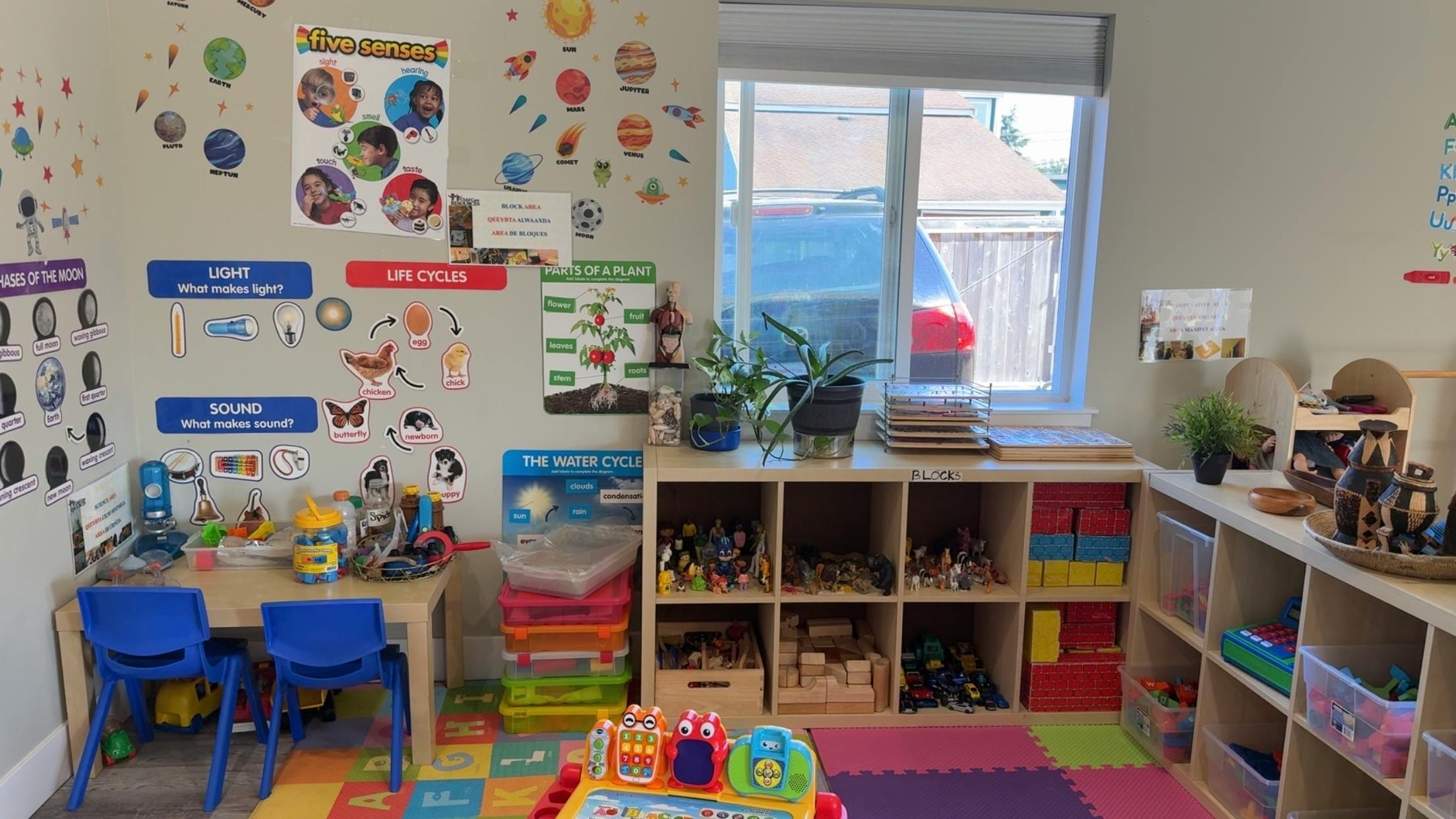 Classroom with educational posters, small tables, and storage shelves