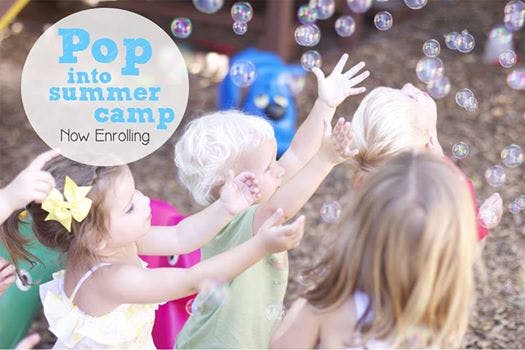 Children playing with bubbles, Pop into summer camp Now Enrolling