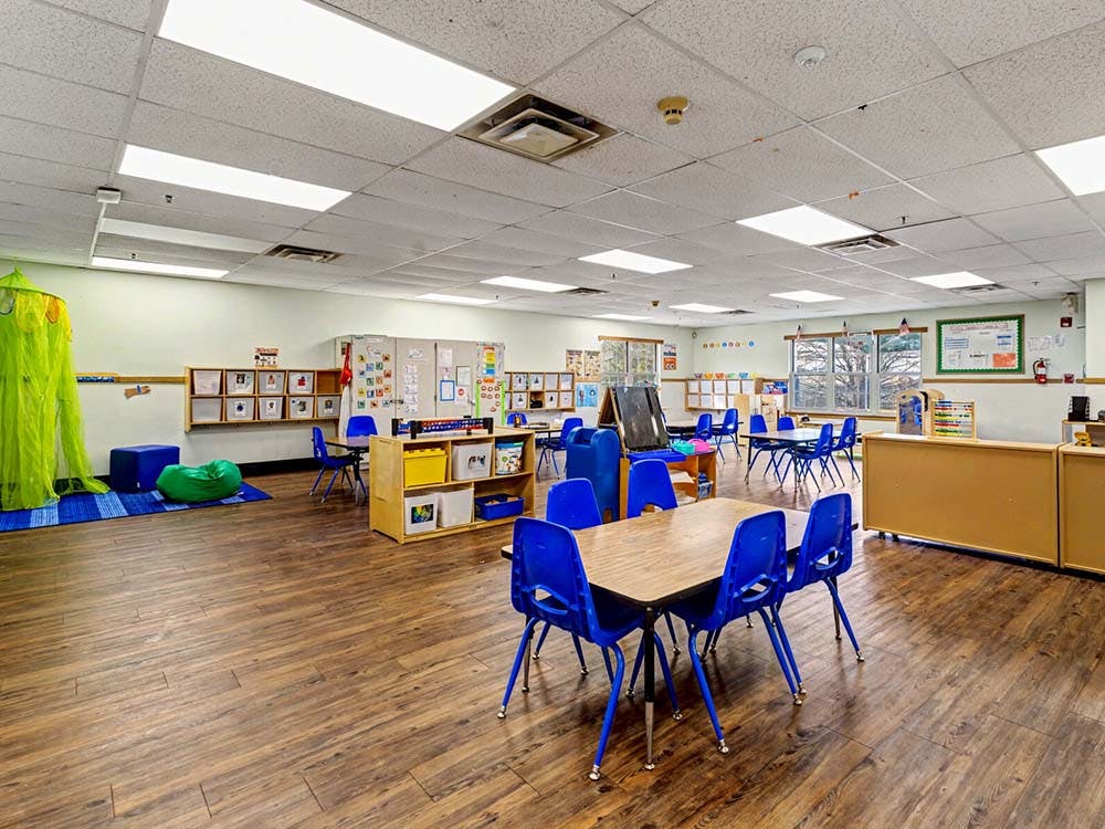 Empty classroom with small tables and chairs