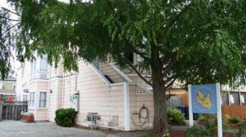 Building exterior with a large tree and a sign with a yellow bird