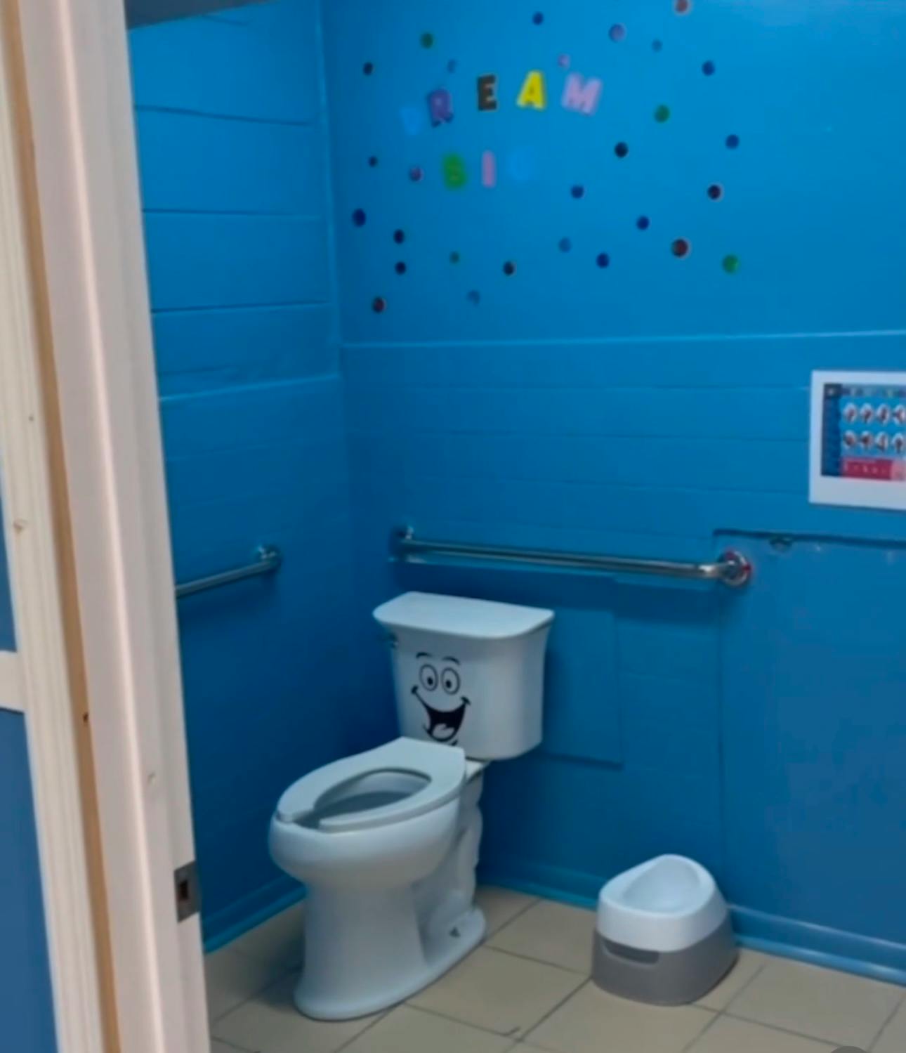 Toilet with a smiling face sticker and a potty training seat in a blue room