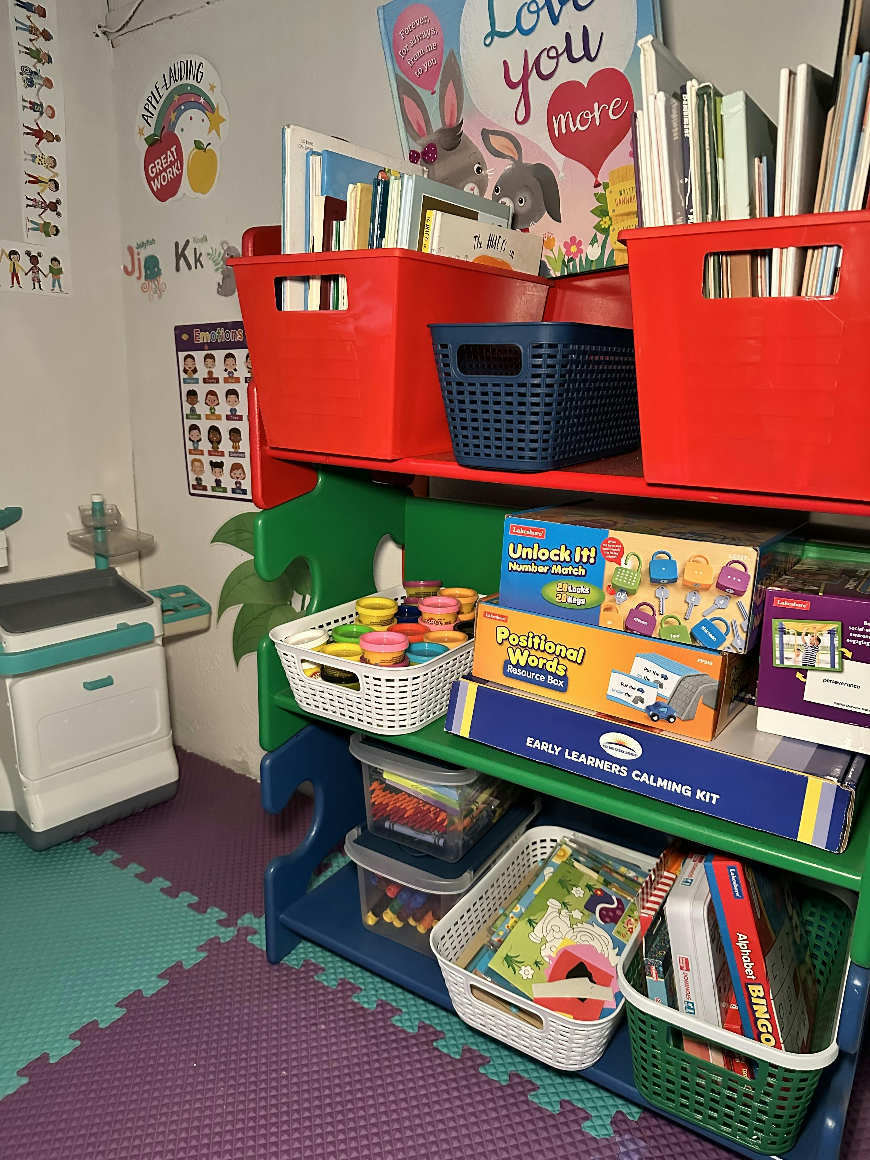 Multicolor storage shelves containing educational toys and books