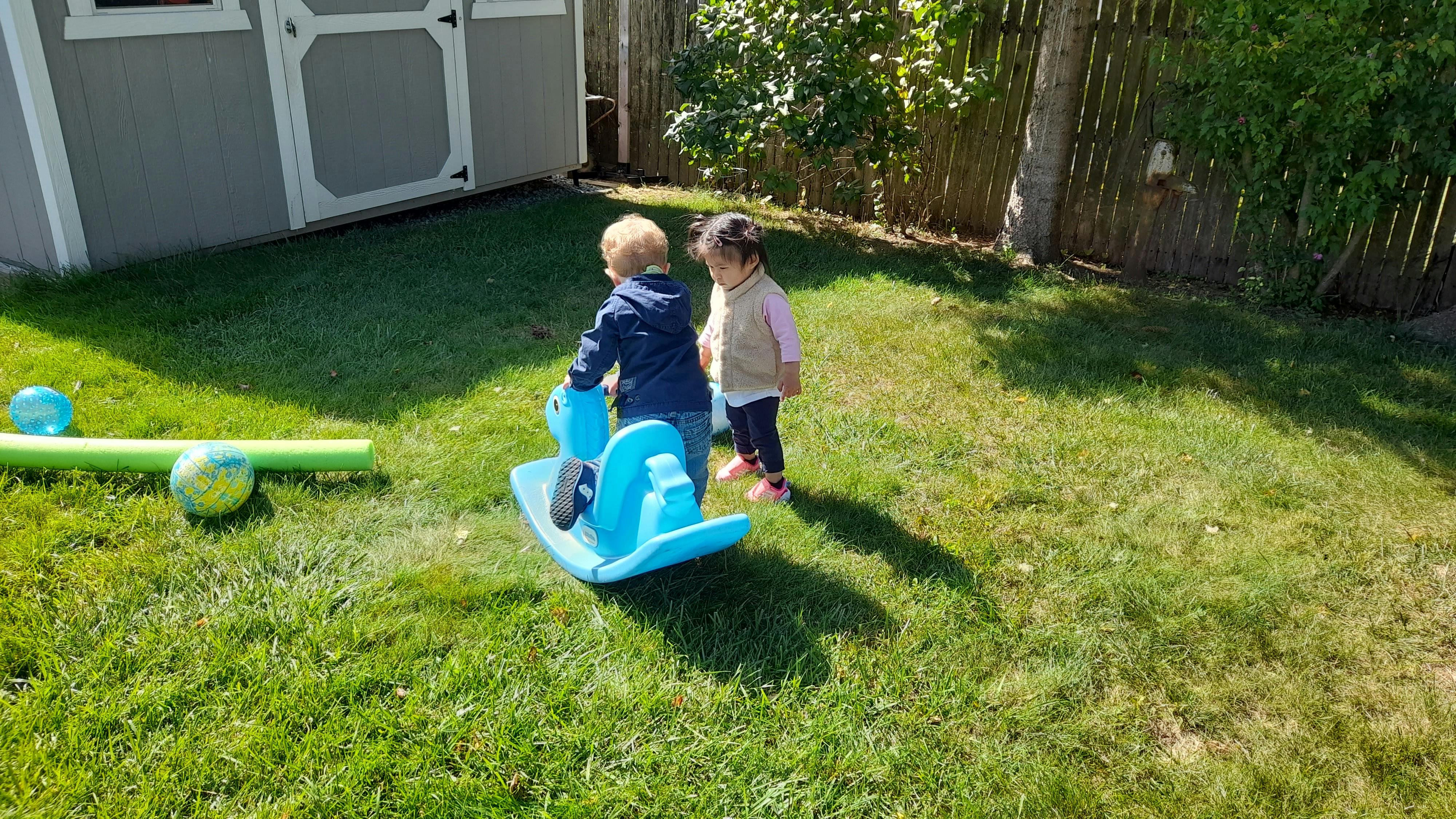 Two children playing with a blue rocking toy in a grassy yard