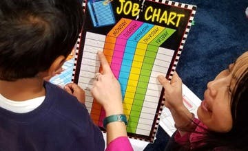 Two people looking at a job chart