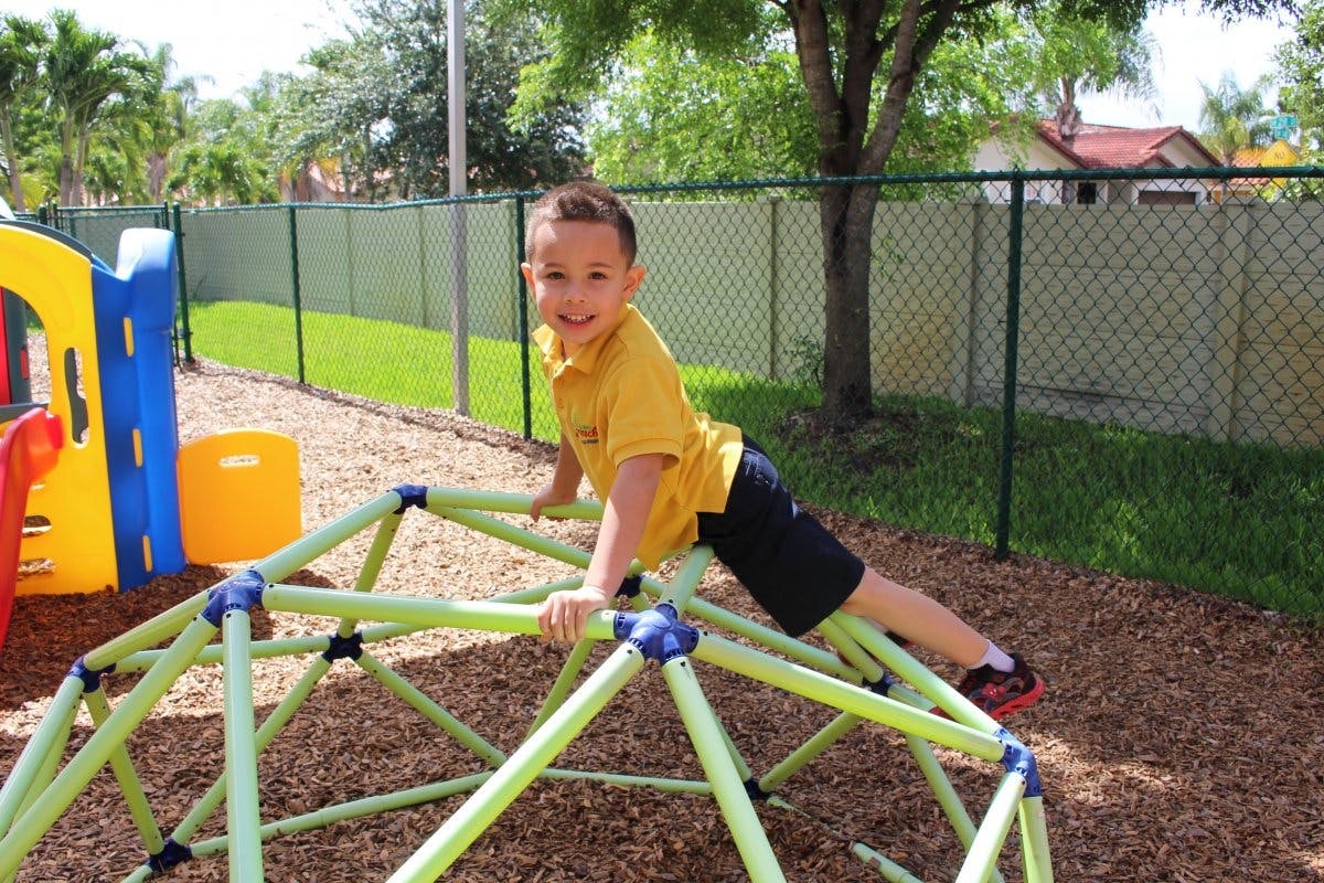 Child climbing on a geometric dome climber on a playground