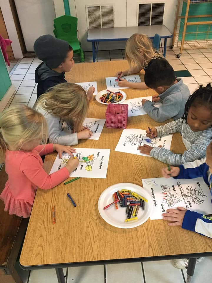 Children coloring at a table in a classroom