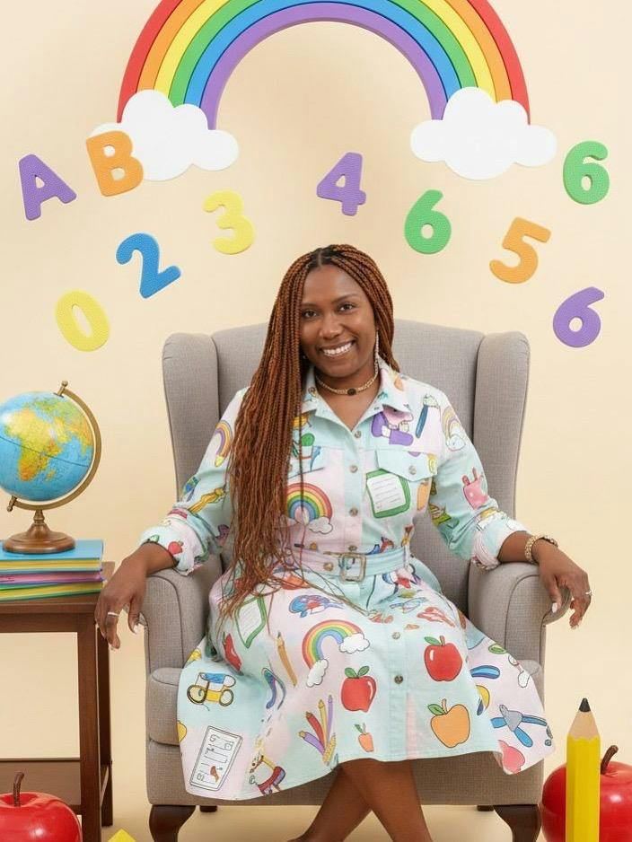 Person sitting in a chair against a wall with letters, numbers, and a rainbow