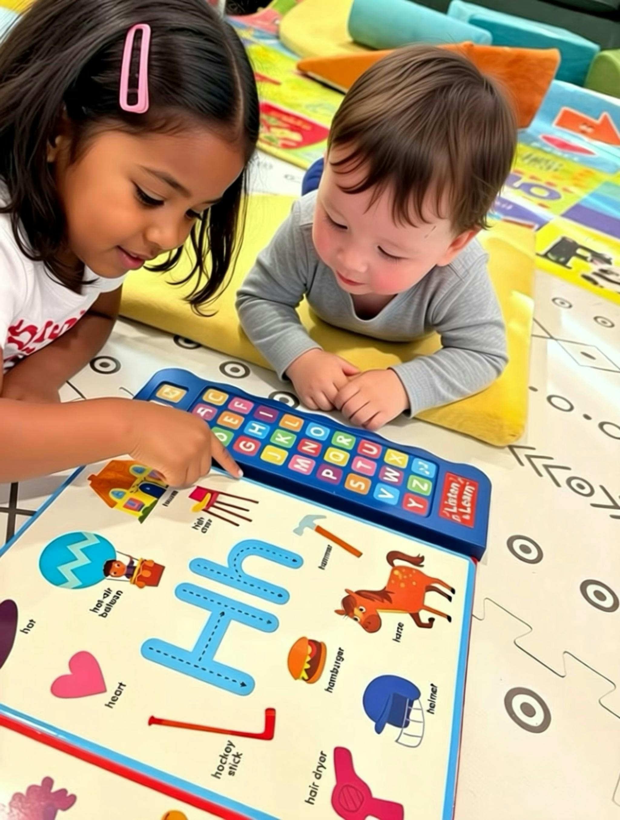 Child and toddler looking at an alphabet learning book