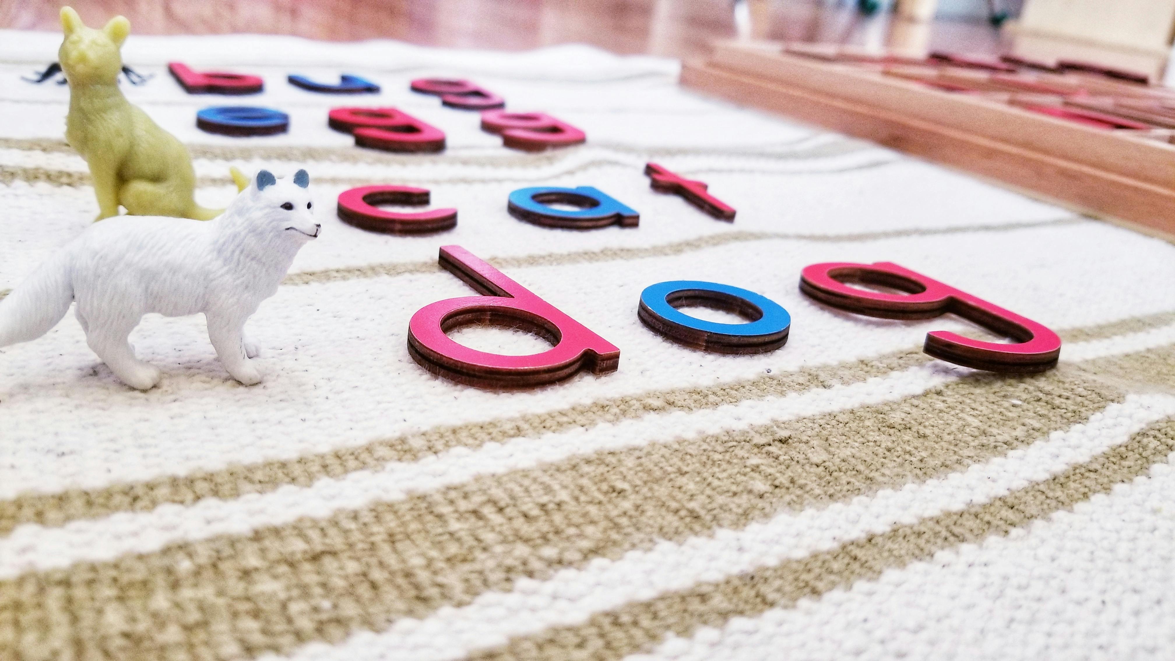 Toy animals and letter cutouts on a striped surface