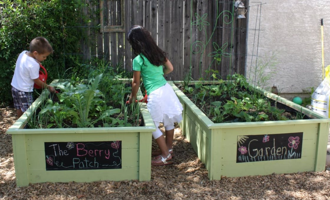 Two children tending to plants in raised garden beds