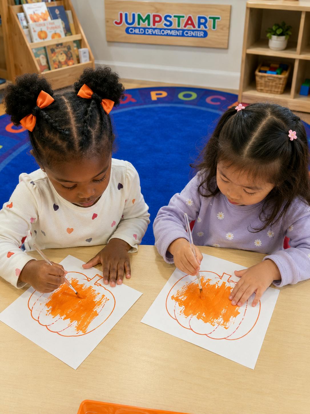 Two children painting pumpkin drawings at a table in a classroom