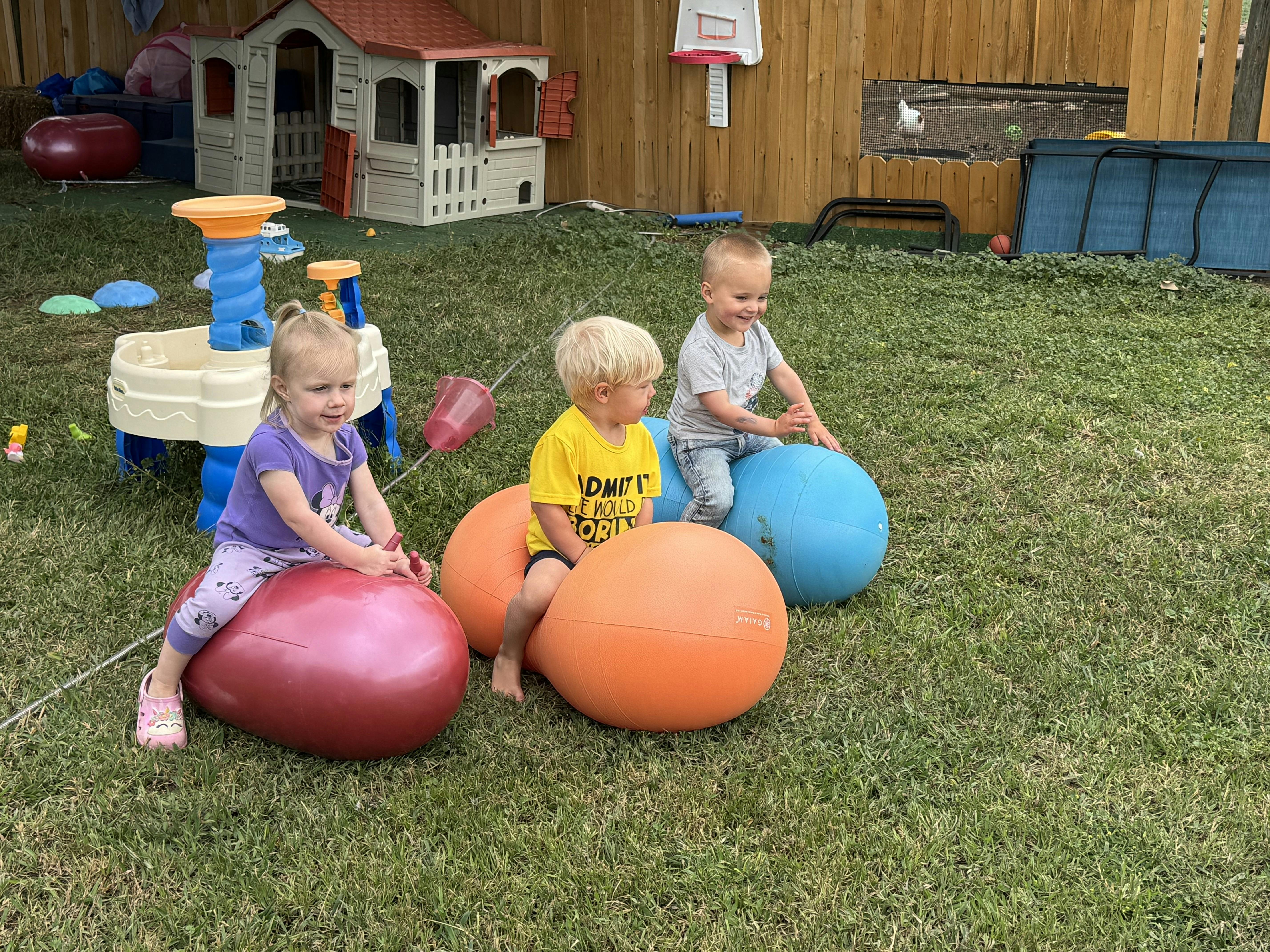 Three children sitting on large inflatable balls on grass