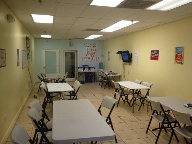 Empty room with multiple tables and chairs
