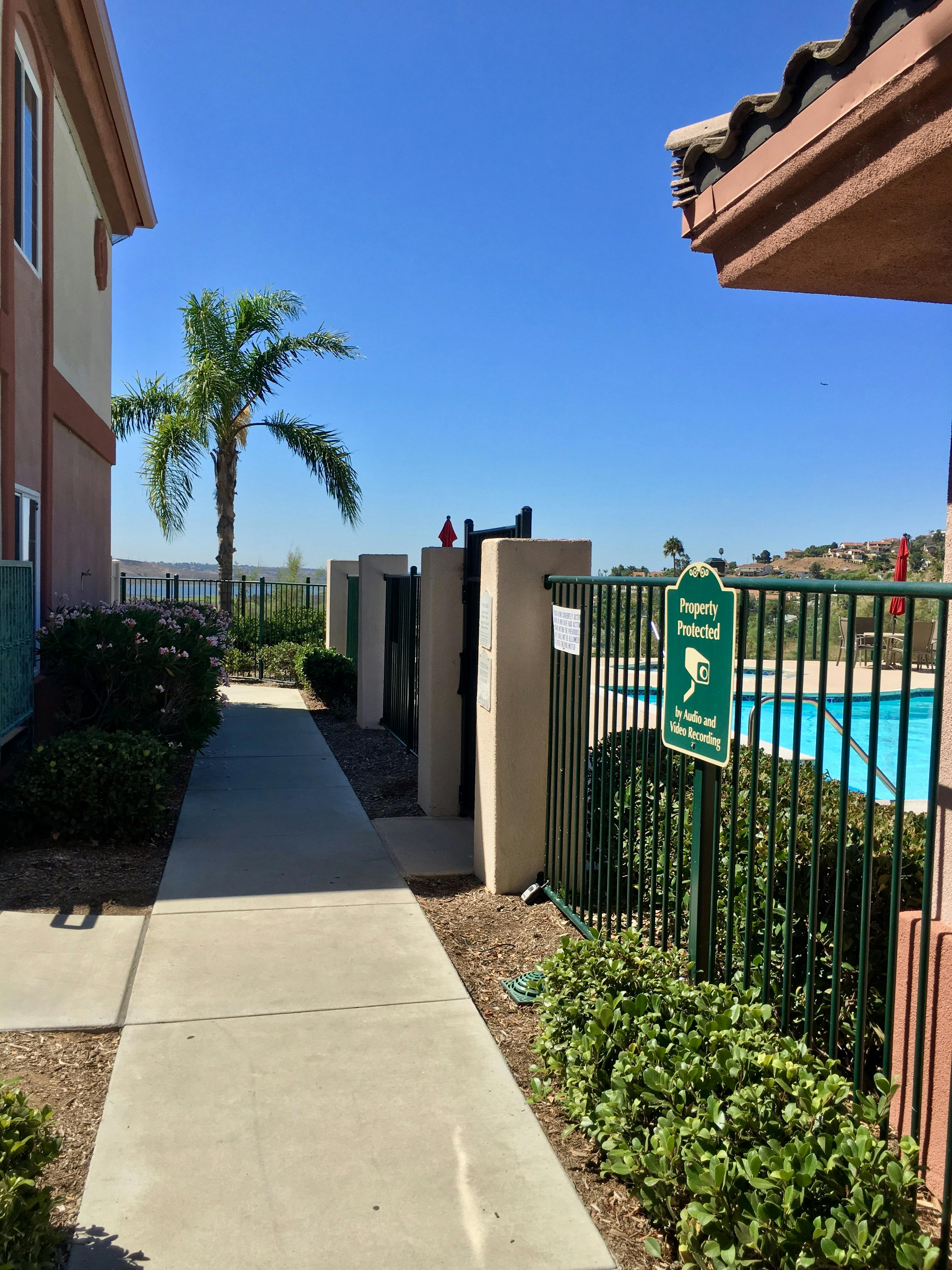 Walkway leading to a fenced pool area with a palm tree