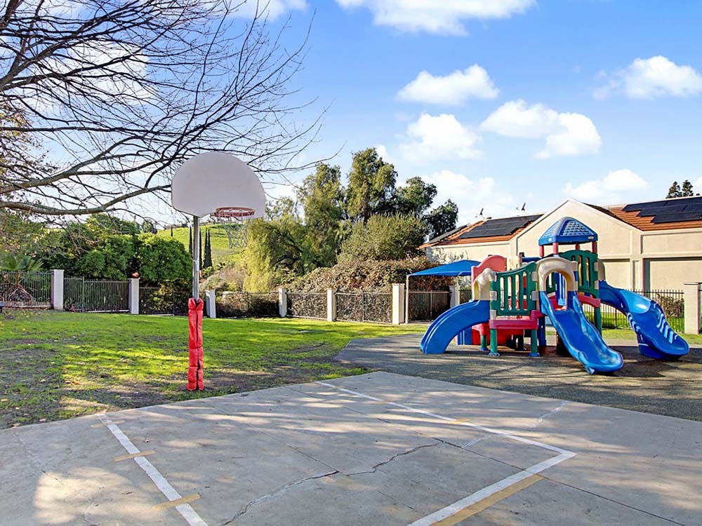 Basketball hoop and a playground with slides in a grassy area