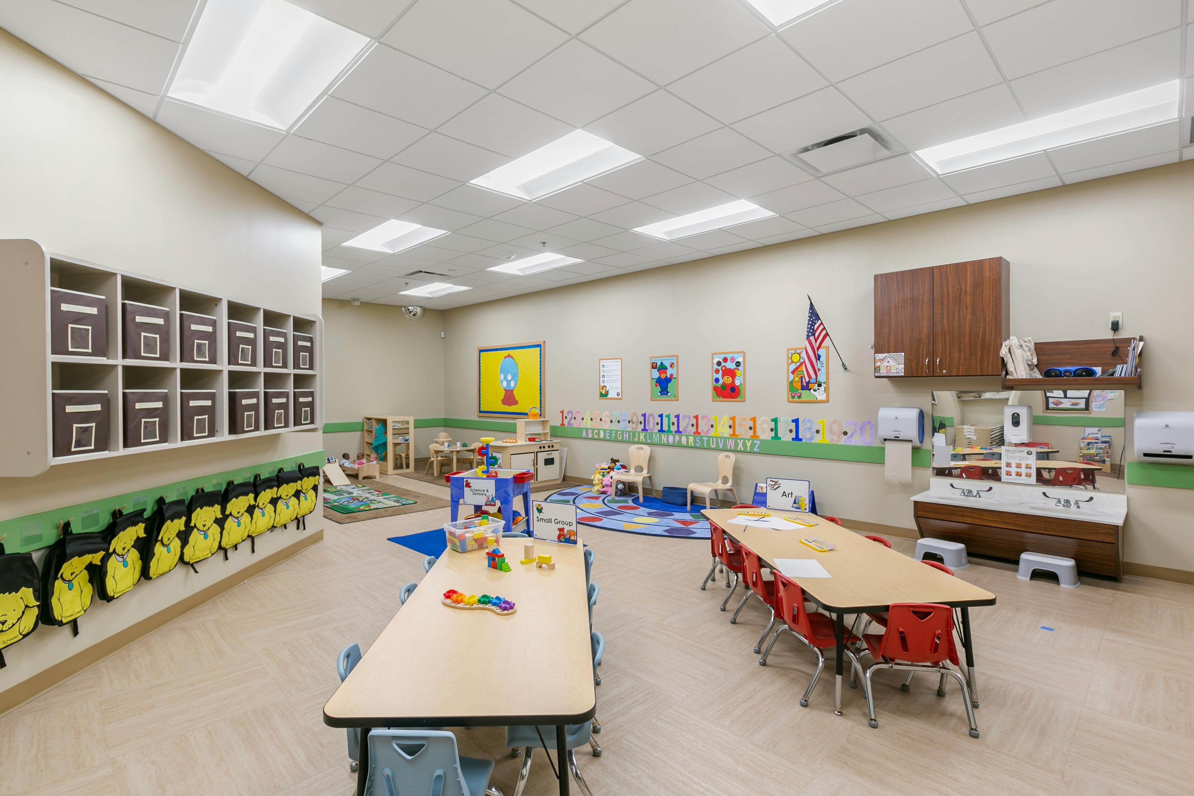 An empty early childhood classroom with multiple activity zones