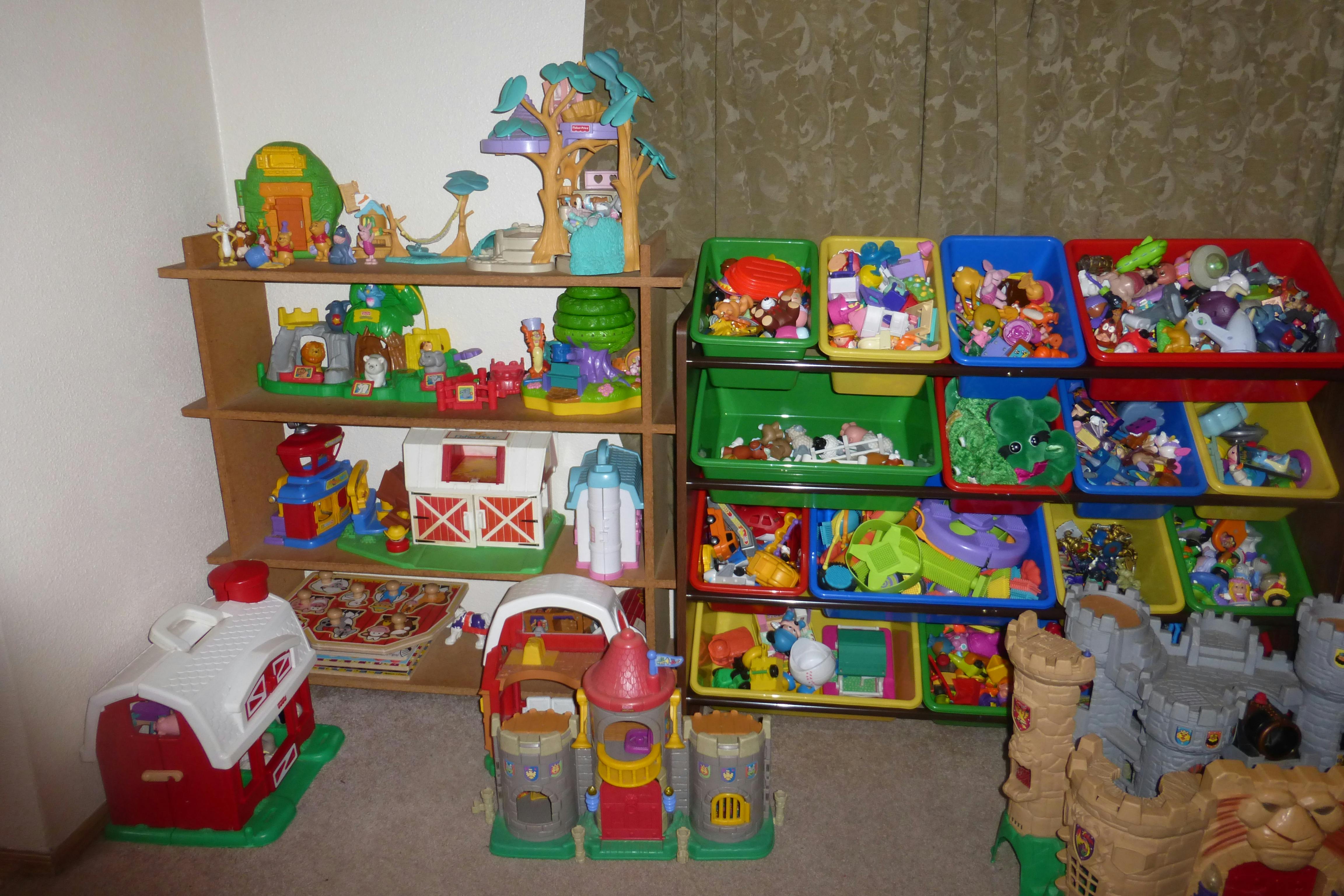 Shelves and bins filled with various toys