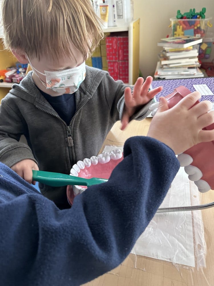Child in a mask brushing a model of teeth with a toothbrush