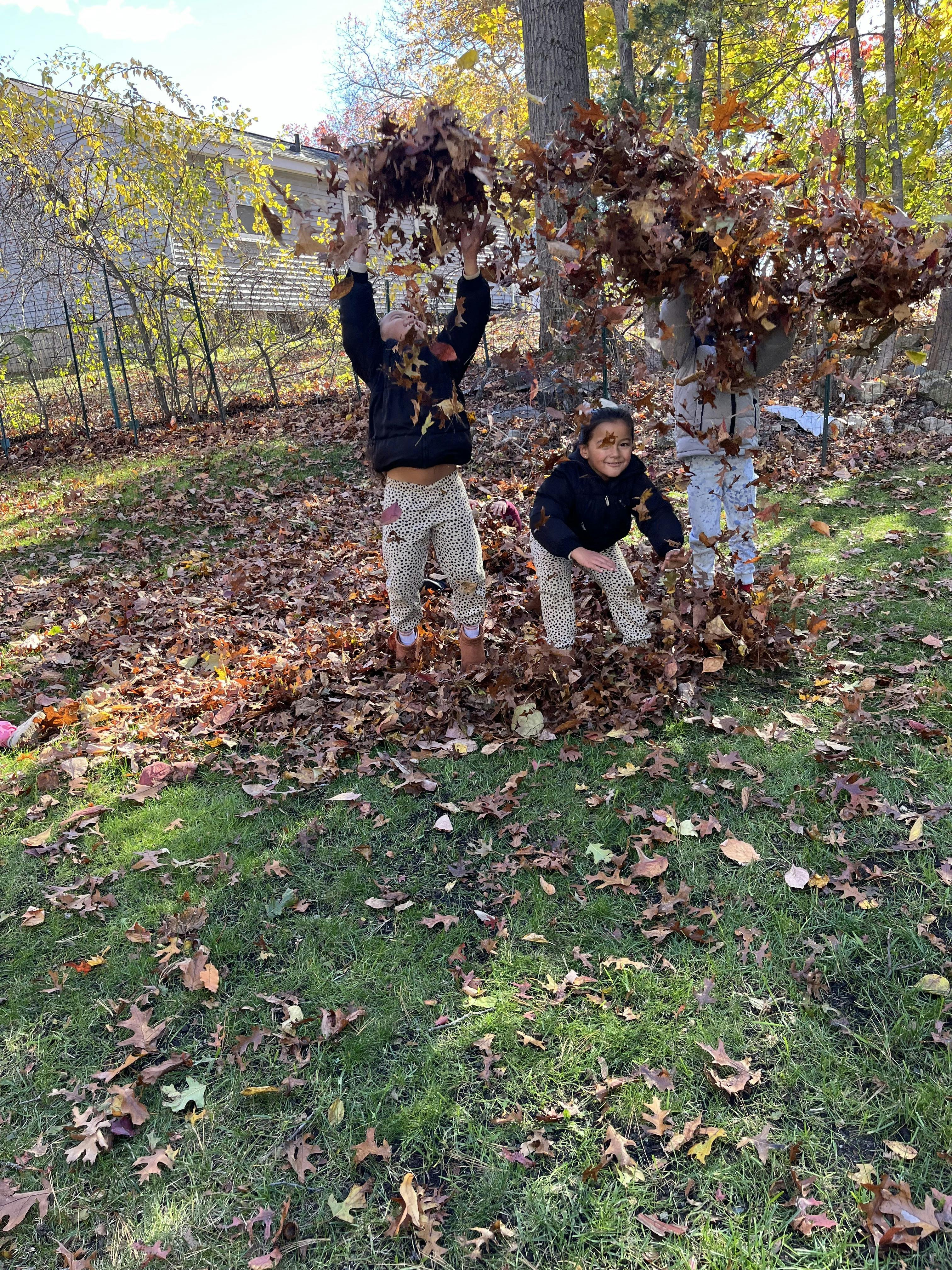 Two children playing in a pile of autumn leaves