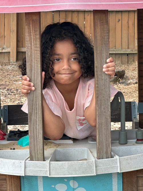 Child looking through wooden slats