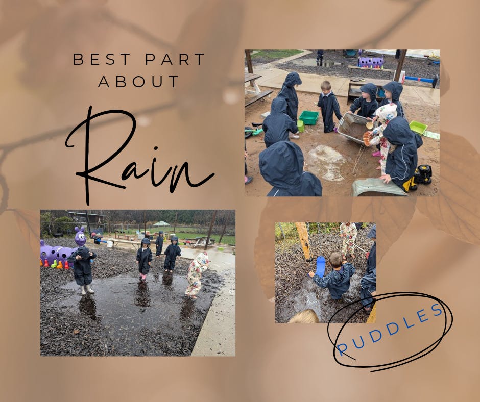 Children playing in puddles and mud, text says "Best part about Rain Puddles"