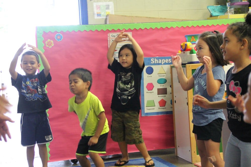 Children in a classroom raising their arms