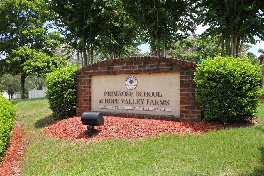 Brick sign for Primrose School at Hope Valley Farms