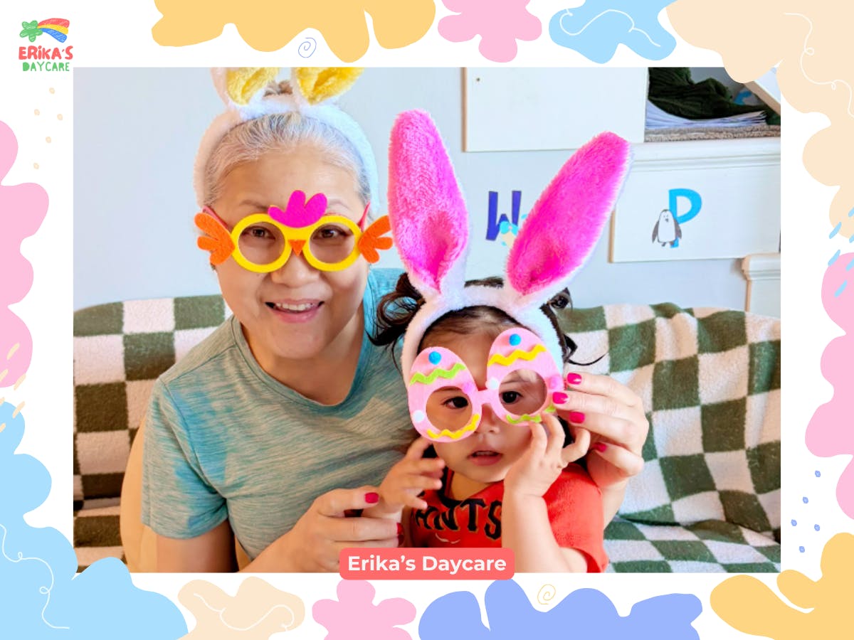 Adult and child wearing themed glasses and headbands at Erika's Daycare