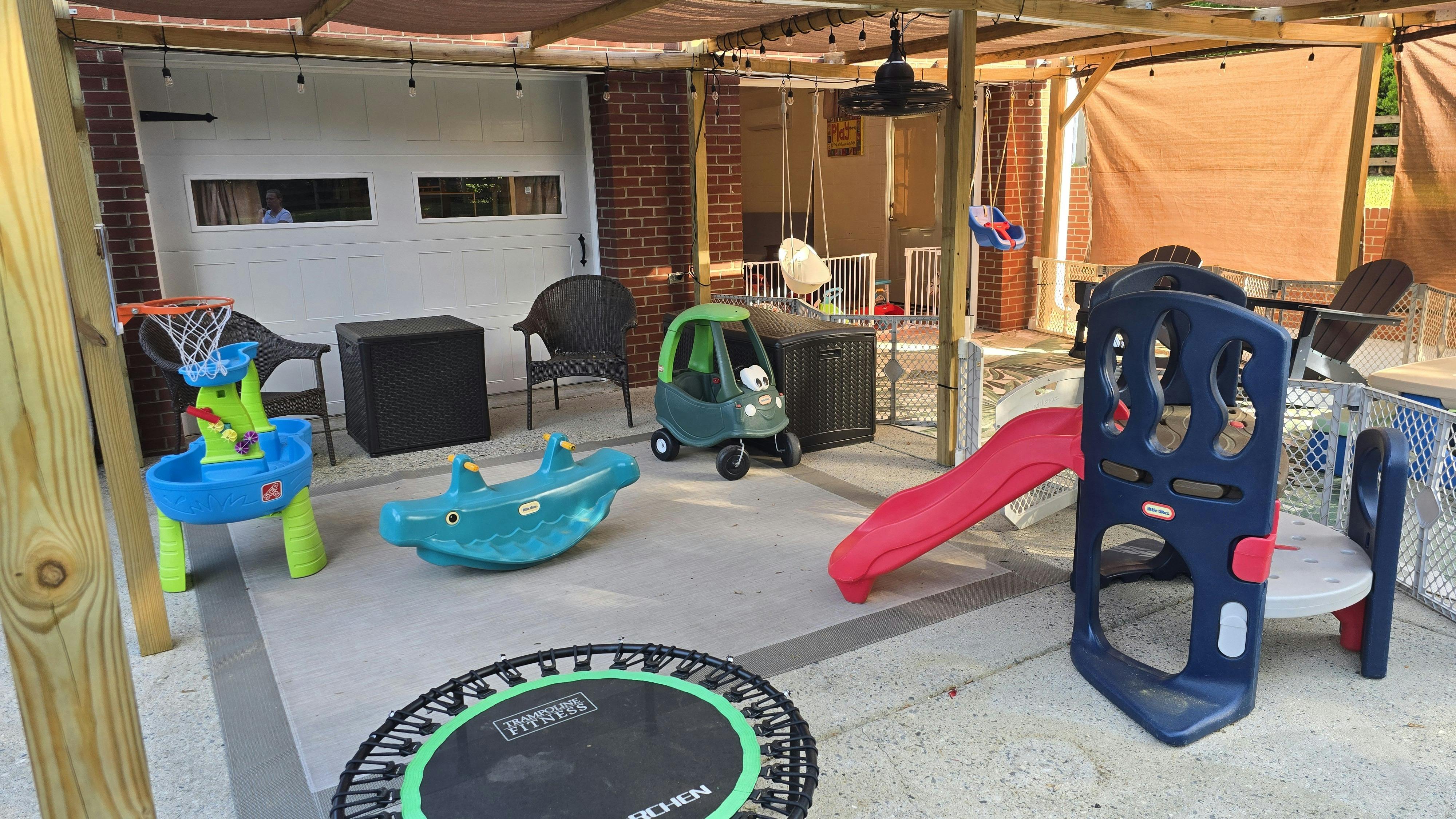 Covered outdoor patio with children's play equipment