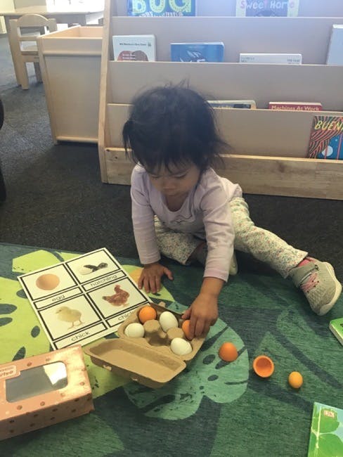 Child playing with toy eggs and a picture card on the floor