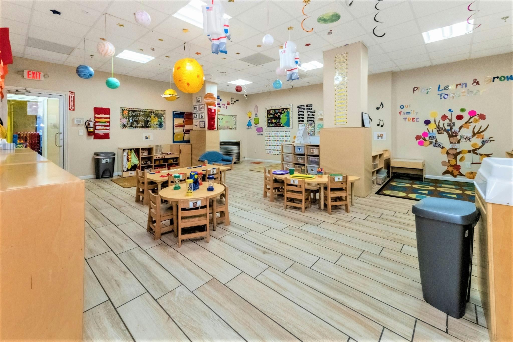 Empty classroom with small tables and chairs