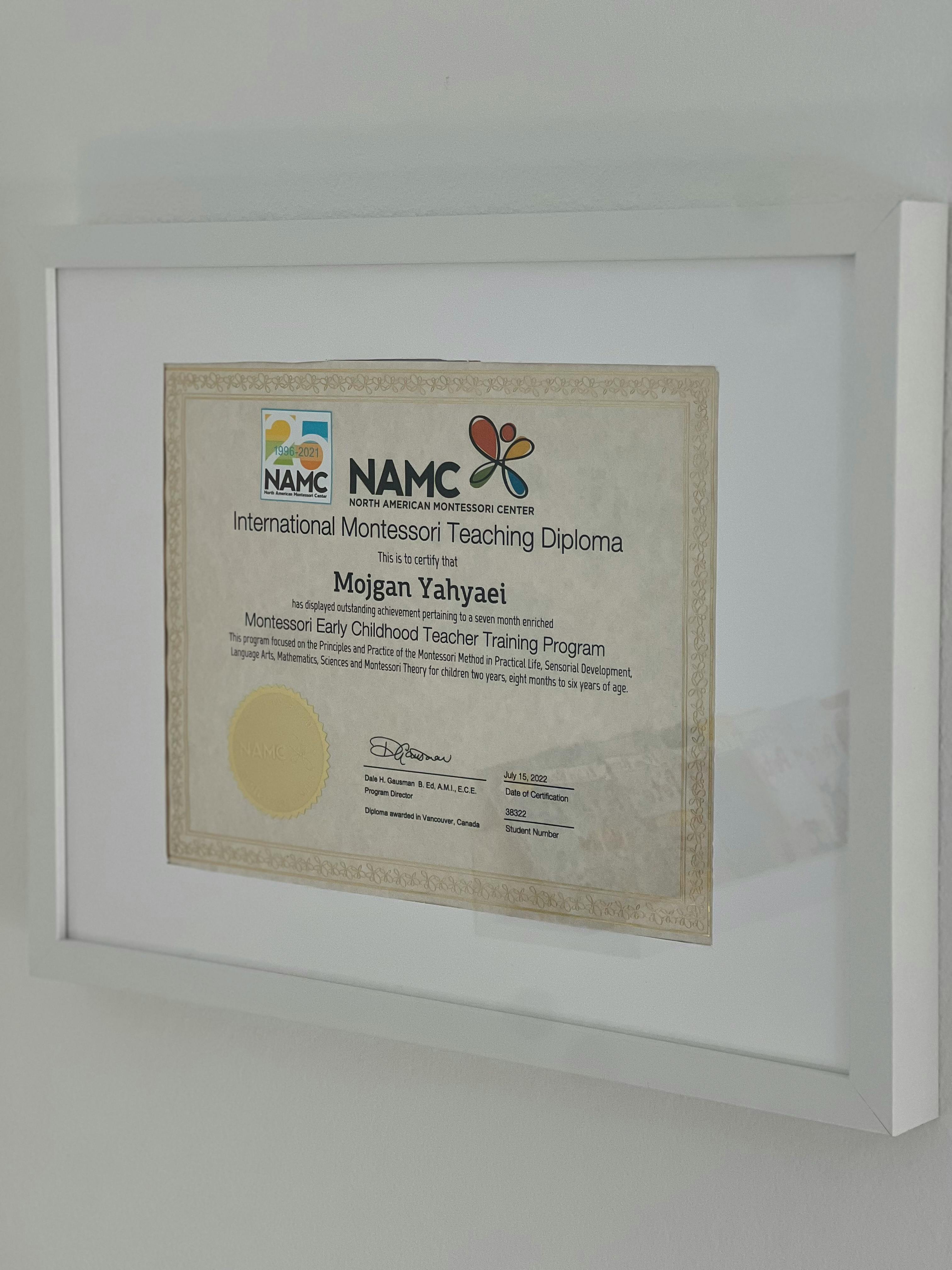 Framed International Montessori Teaching Diploma