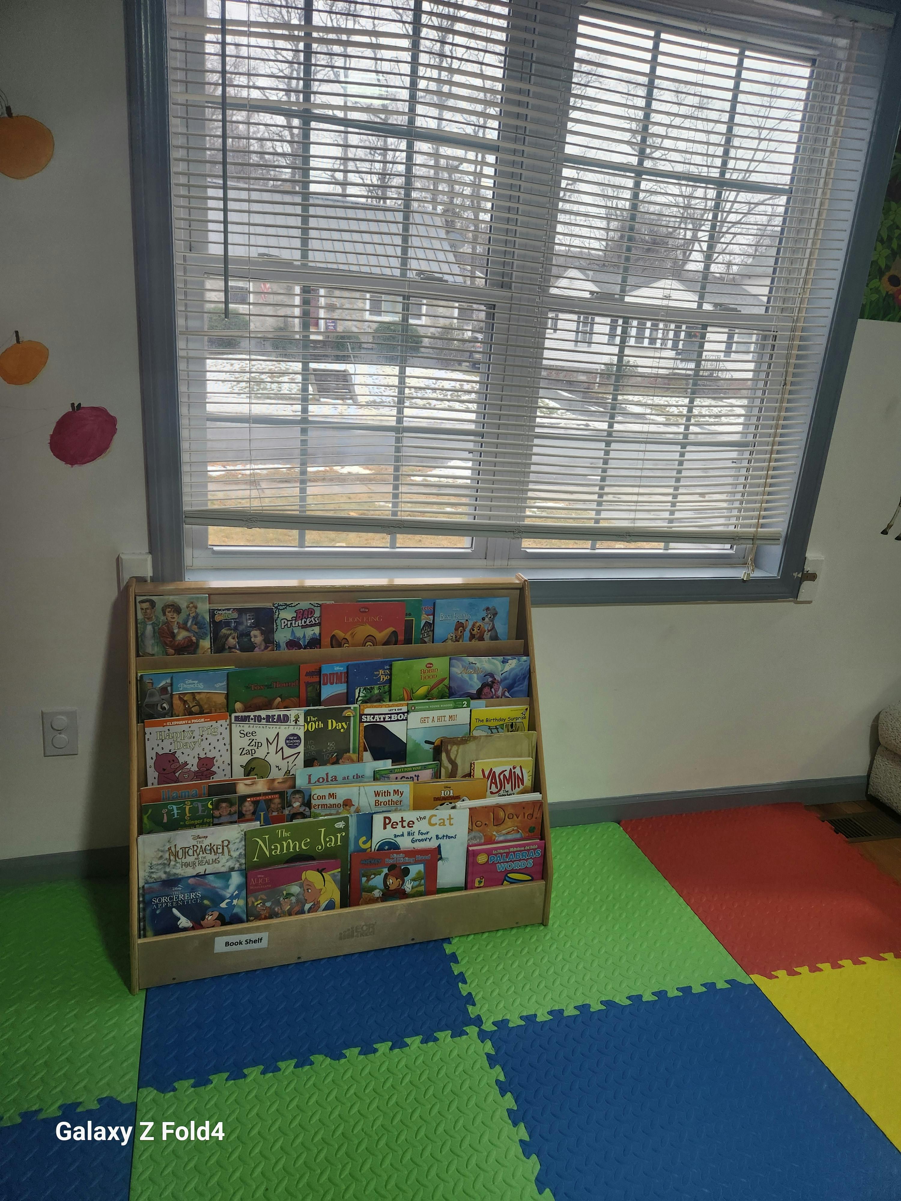 Bookcase filled with children's books in a room with a window and colorful floor mats