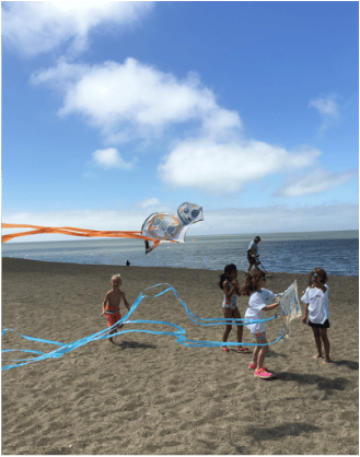 Children flying a turtle kite on a sandy beach near the ocean