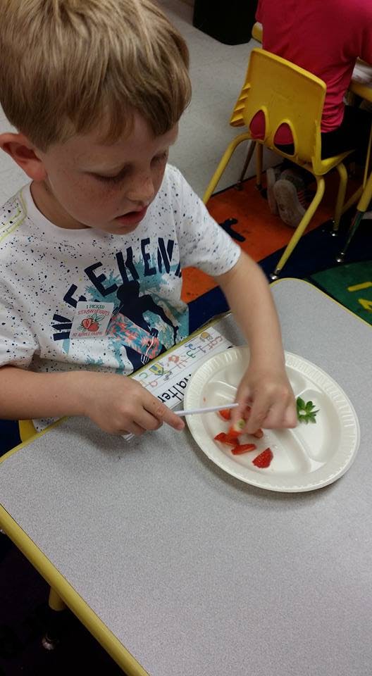 Child using a plastic knife to cut food on a plate