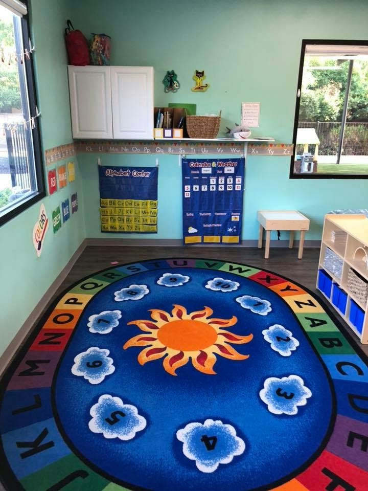 Classroom with a sun and clouds rug and alphabet border
