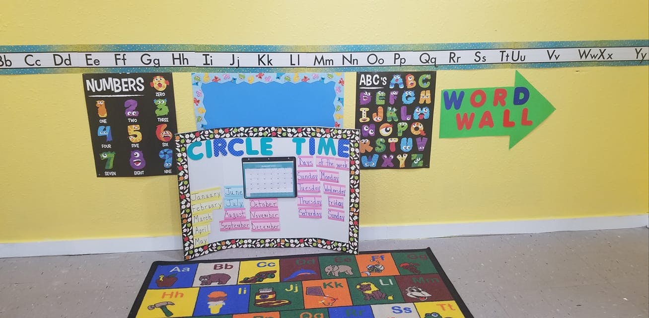 Classroom wall with "Circle Time" board, alphabet, and numbers charts