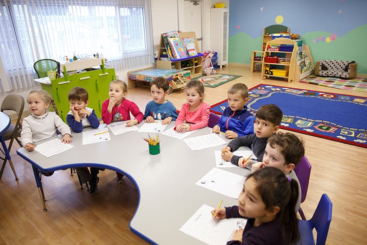 Children sitting at a table in a classroom