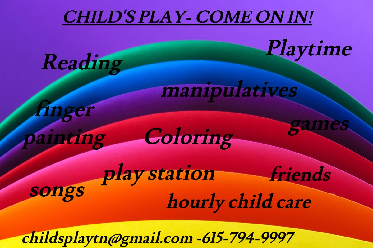 Text overlay on colorful wavy lines listing activities like Reading, Playtime, Coloring