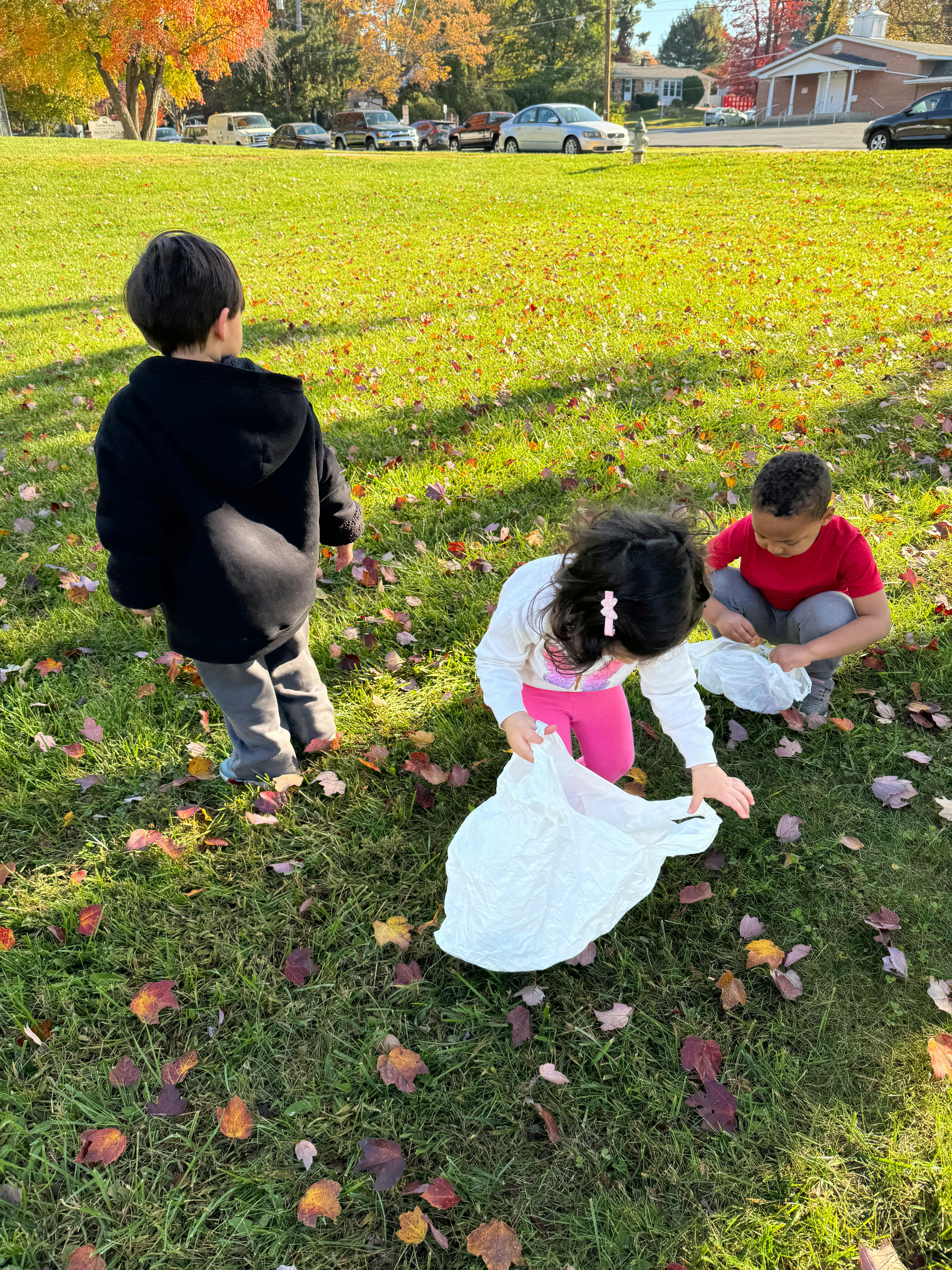Three children picking up leaves in a grassy area
