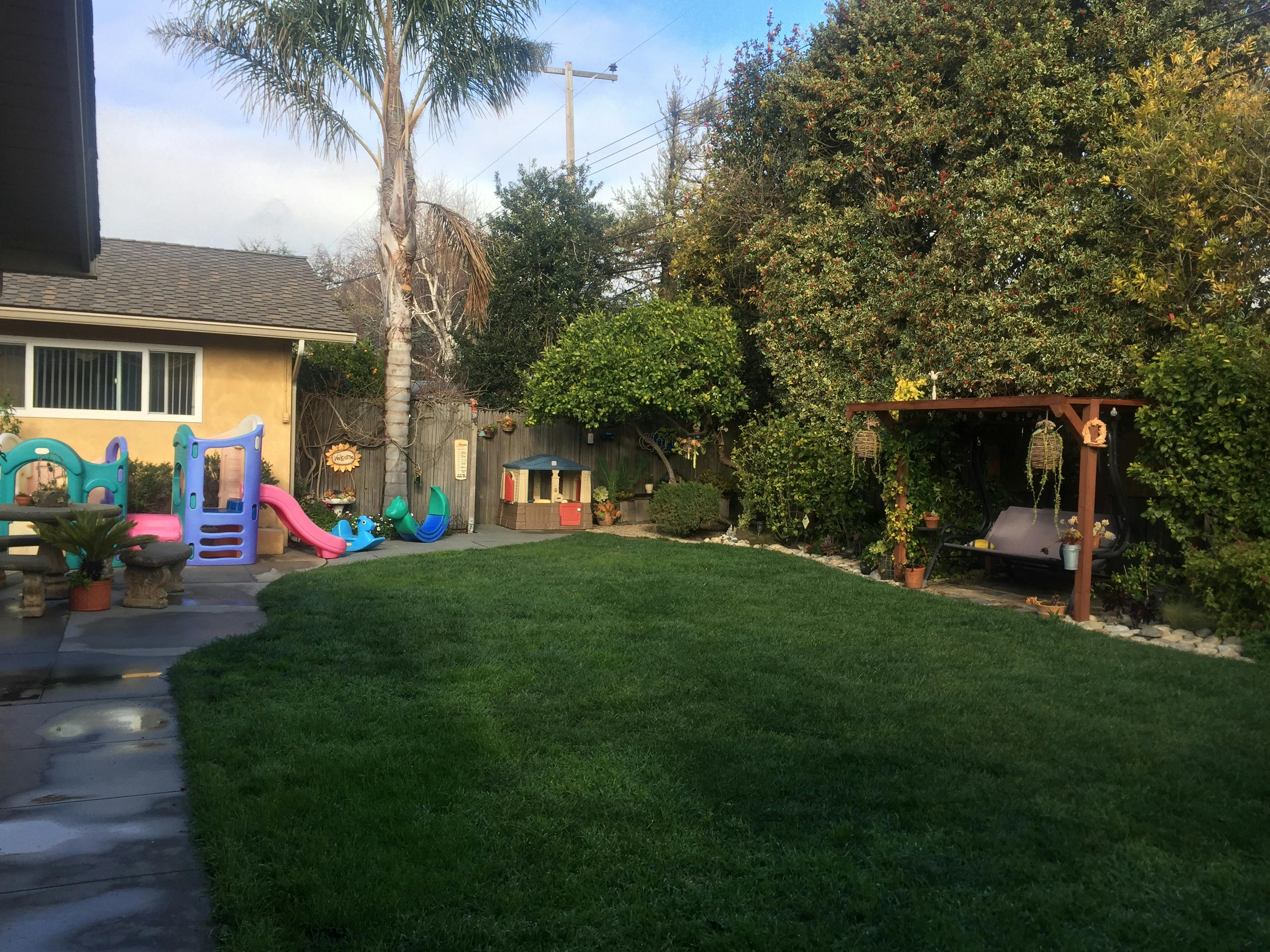 Backyard with green lawn, play structure, and swing