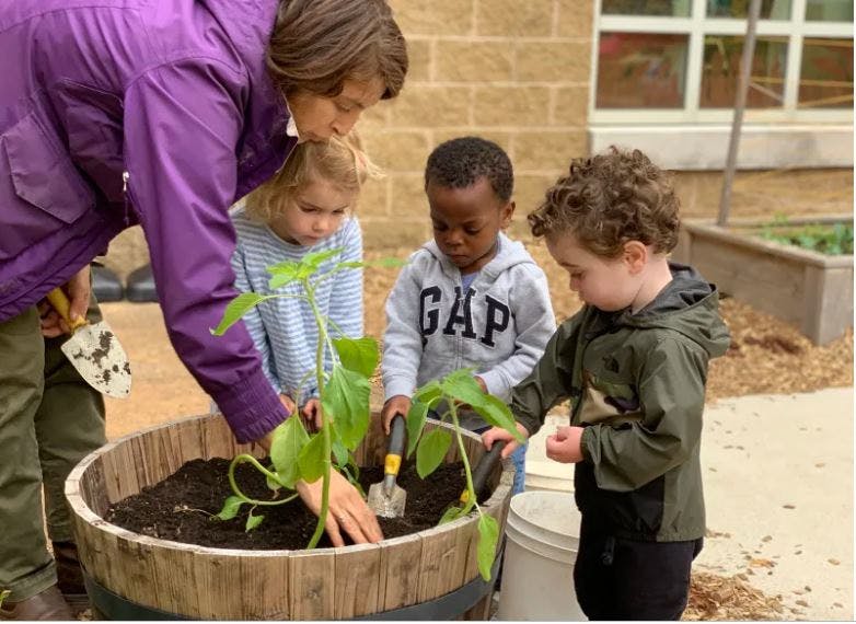 Adult and three children planting in a large wooden planter