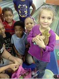 Child holding a lizard with other children nearby