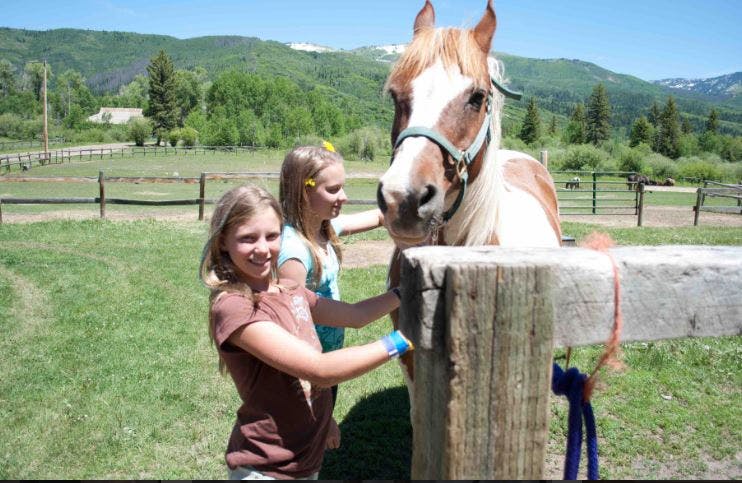Two children petting a horse tied to a wooden post