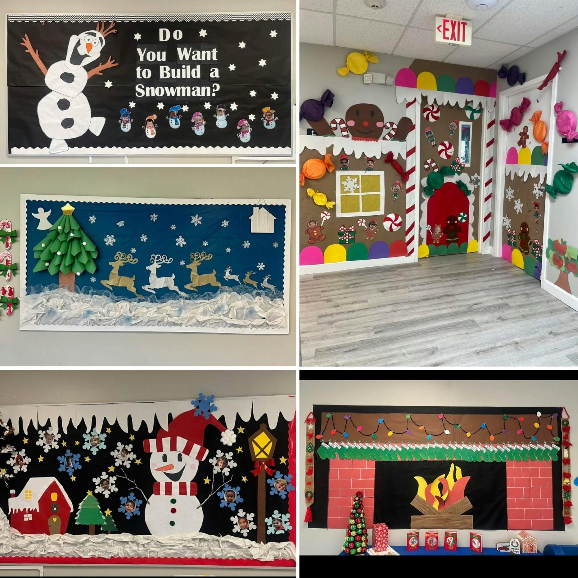 Four holiday-themed bulletin boards and a decorated room