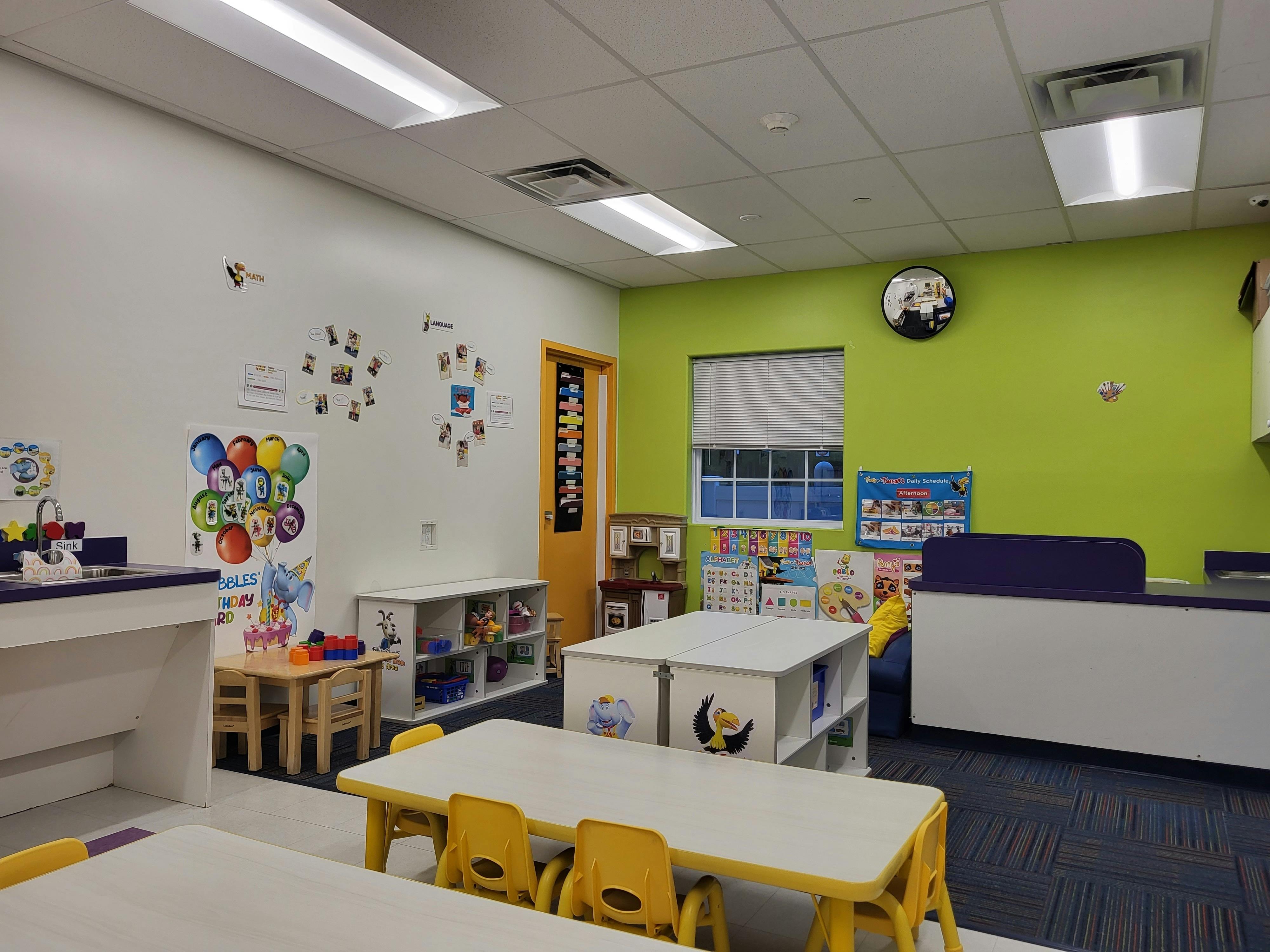 Empty classroom with small tables and chairs