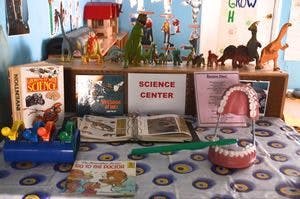 Science center display with books, dinosaur toys, and a model of teeth